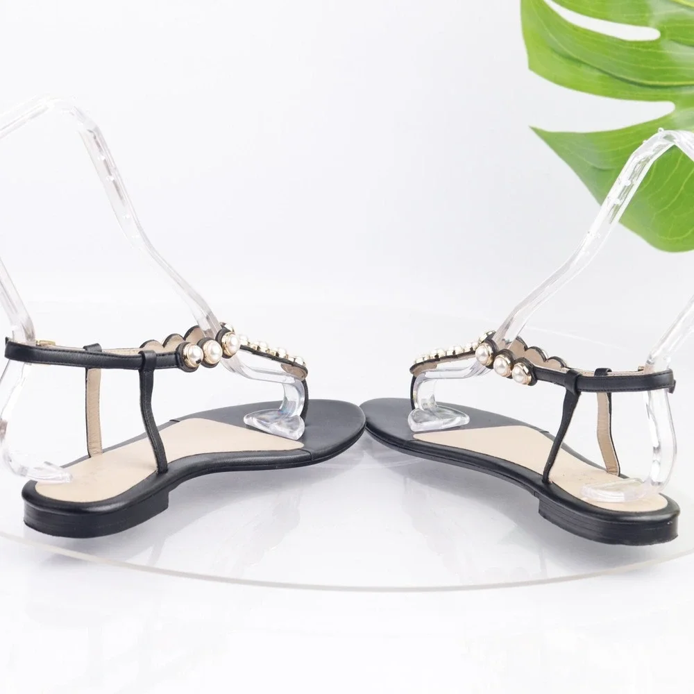 Barneys New York Women Sandal Size 37 6 Black Leather Pearl Thong Slingback Flat